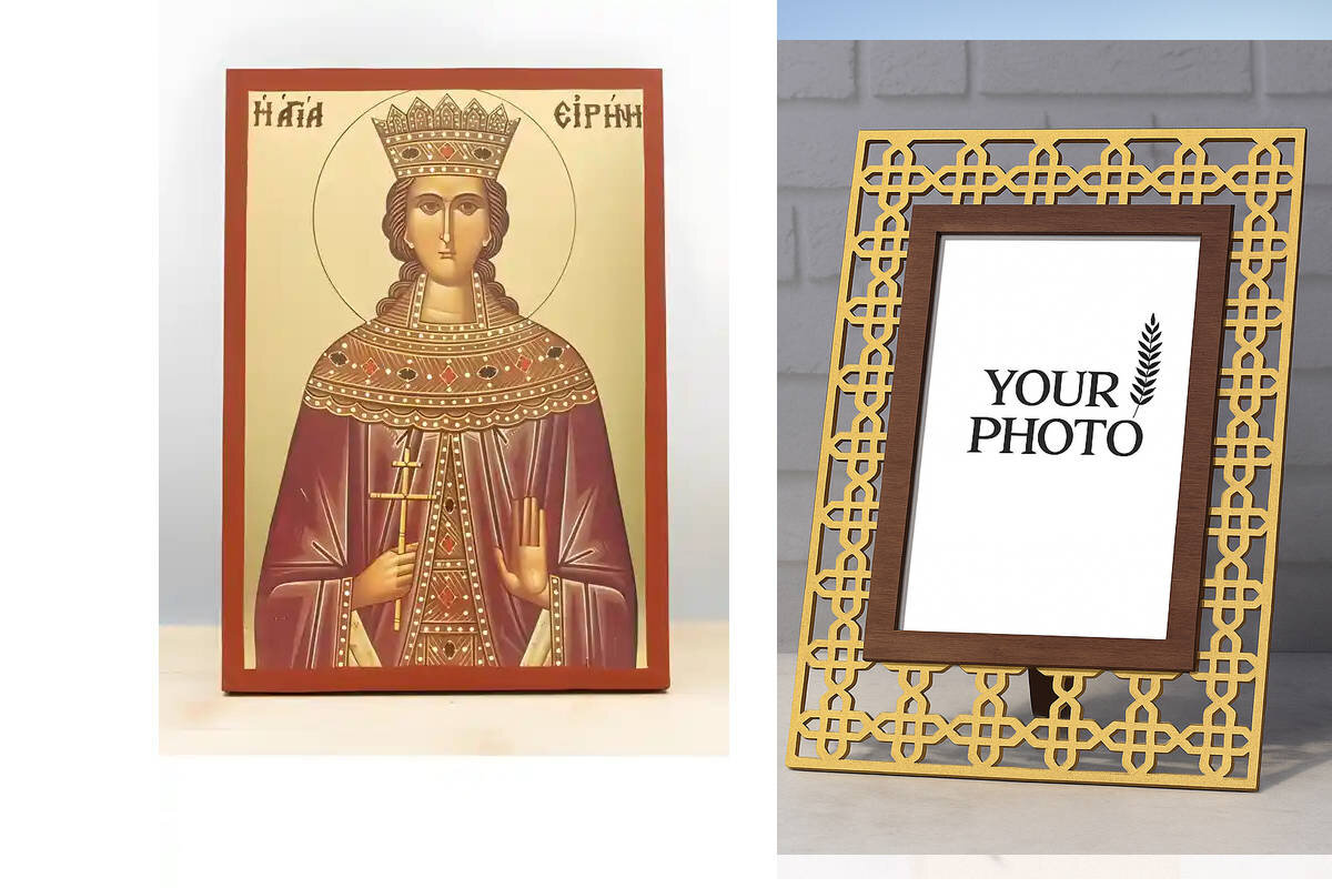 Εικόνα Ορθοδοξίας Πολυτελείας  με  σχεδιο Σταυρούς μαζι με  Βάση σε  8 χρώματα με περίγραμμα χρυσό σε ξύλο Plywood (Πλακάζ)   με  βάση Αγία Ειρήνη η Μεγαλομάρτυς, Ξύλινη Χειροποίητη Εικόνα με Ψηφιακή Εκτύπωση Ελληνικό Premium Βυζαντινού Στυλ Κρεμαστό τοίχ