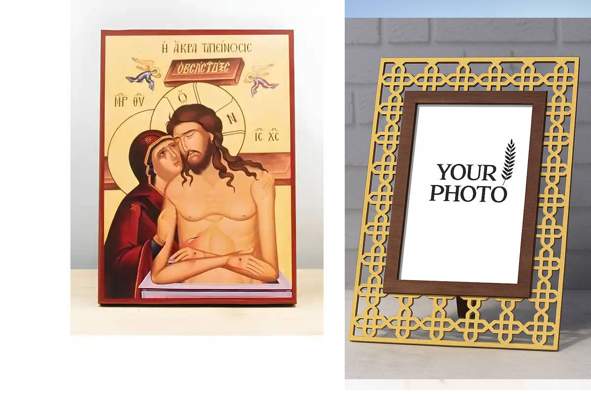 Εικόνα Ορθοδοξίας Πολυτελείας  με  σχεδιο Σταυρούς μαζι με  Βάση σε  8 χρώματα με περίγραμμα χρυσό σε ξύλο Plywood (Πλακάζ)   με  βάση Jesus Christ Man of Sorrows "Extreme Humility" με την Παναγία, Ξύλινη Χειροποίητη Εικόνα Ελληνικής Premium Βυζαντινού Στ