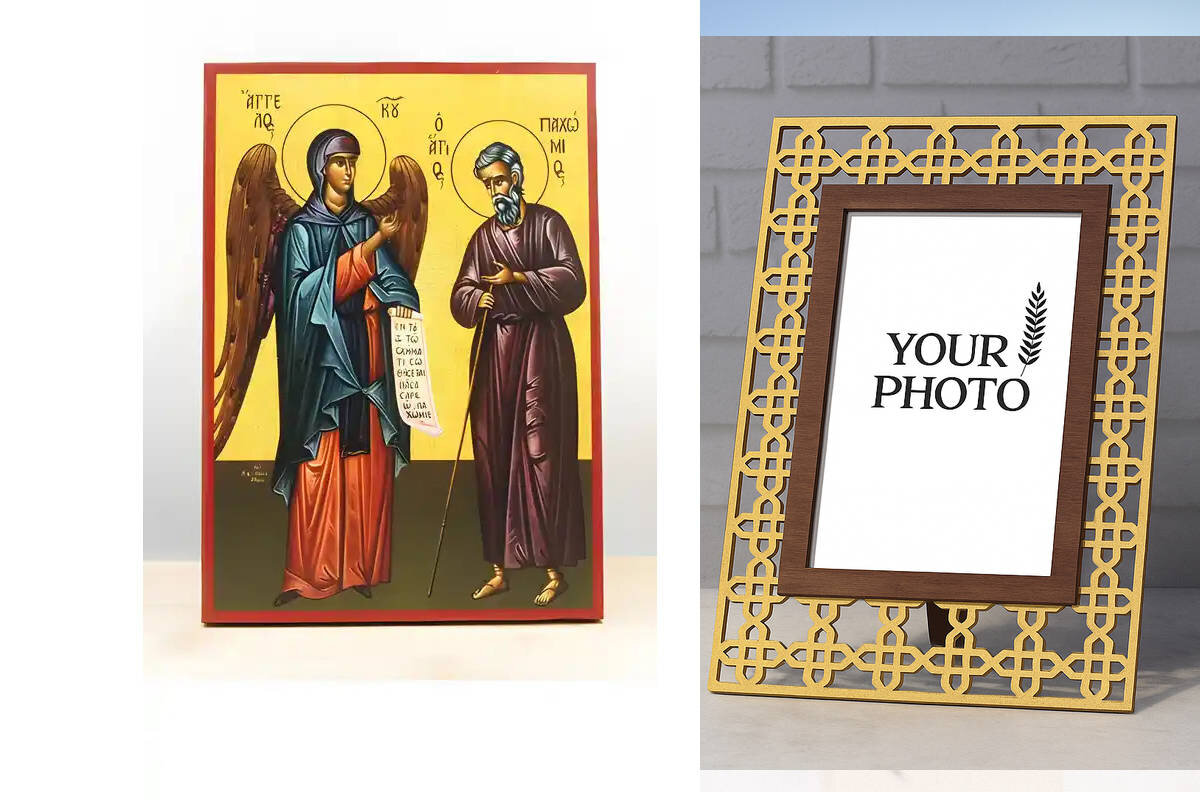 Εικόνα Ορθοδοξίας Πολυτελείας  με  σχεδιο Σταυρούς μαζι με  Βάση σε  8 χρώματα με περίγραμμα χρυσό σε ξύλο Plywood (Πλακάζ)   με  βάση Άγιος Παχώμιος ο Μέγας με Άγγελο, Ξύλινη Χειροποίητη Εικόνα Ελληνικού Premium Βυζαντινού Στυλ Κρεμασμένο σε ξύλινη πλάκα