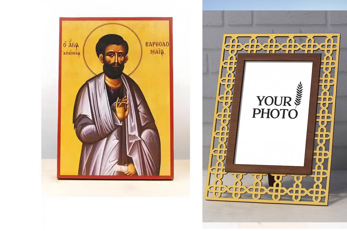 Εικόνα Ορθοδοξίας Πολυτελείας  με  σχεδιο Σταυρούς μαζι με  Βάση σε  8 χρώματα με περίγραμμα χρυσό σε ξύλο Plywood (Πλακάζ)   με  βάση Άγιος Απόστολος Βαρθολομαίος, Ξύλινη Χειροποίητη Εικόνα Ελληνικού Premium Βυζαντινού Στυλ Κρεμαστή σε ξύλινη πλάκα Θρησκ