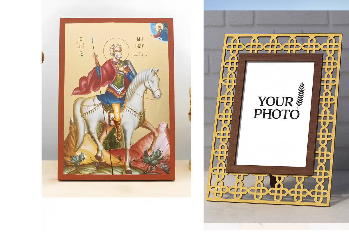 Εικόνα Ορθοδοξίας Πολυτελείας  με  σχεδιο Σταυρούς μαζι με  Βάση σε  8 χρώματα με περίγραμμα χρυσό σε ξύλο Plywood (Πλακάζ)   με  βάση Άγιος Μηνάς της Αιγύπτου έφιππος, Ξύλινη χειροποίητη εικόνα με χρυσό φύλλο θρησκευτικό θέμα Ελληνικό Premium Βυζαντινού