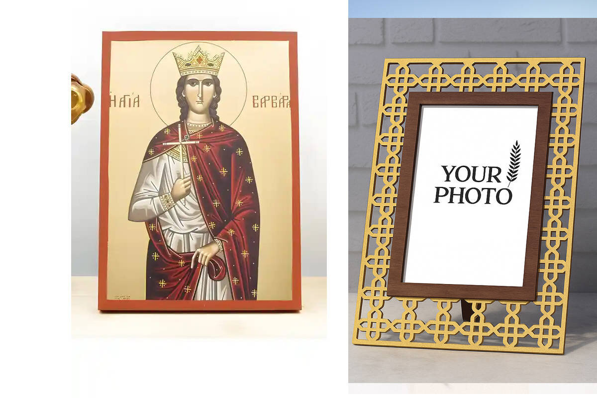 Εικόνα Ορθοδοξίας Πολυτελείας  με  σχεδιο Σταυρούς μαζι με  Βάση σε  8 χρώματα με περίγραμμα χρυσό σε ξύλο Plywood (Πλακάζ)   με  βάση Αγία Βαρβάρα "Βαρβάρα" η Μεγαλομάρτυς, Ξύλινη Χειροποίητη Εικόνα με Αλουμινόχαρτο Ελληνικό Premium Βυζαντινού Στυλ Κρεμα