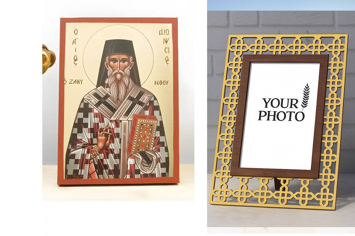 Εικόνα Ορθοδοξίας Πολυτελείας  με  σχεδιο Σταυρούς μαζι με  Βάση σε  8 χρώματα με περίγραμμα χρυσό σε ξύλο Plywood (Πλακάζ)   με  βάση Άγιος Διονύσιος Ζακύνθου, Ξύλινη Χειροποίητη Εικόνα με Ψηφιακή Εκτύπωση Ελληνικό Premium Βυζαντινού Στυλ Κρεμαστό τοίχου