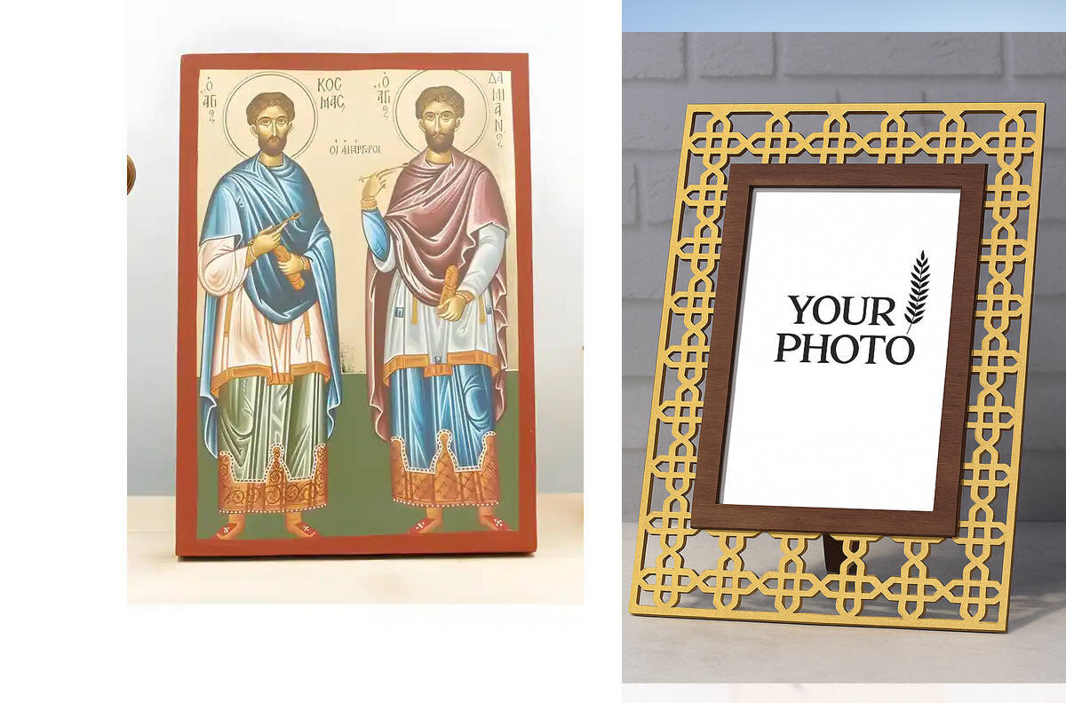 Εικόνα Ορθοδοξίας Πολυτελείας  με  σχεδιο Σταυρούς μαζι με  Βάση σε  8 χρώματα με περίγραμμα χρυσό σε ξύλο Plywood (Πλακάζ)   με  βάση Άγιοι Άγιοι Ανεργοφόροι Κοσμάς και Δαμιανός, Ξύλινη Χειροποίητη Εικόνα με Φύλλο Χρυσού Ελληνικού Premium Βυζαντινού Στυλ