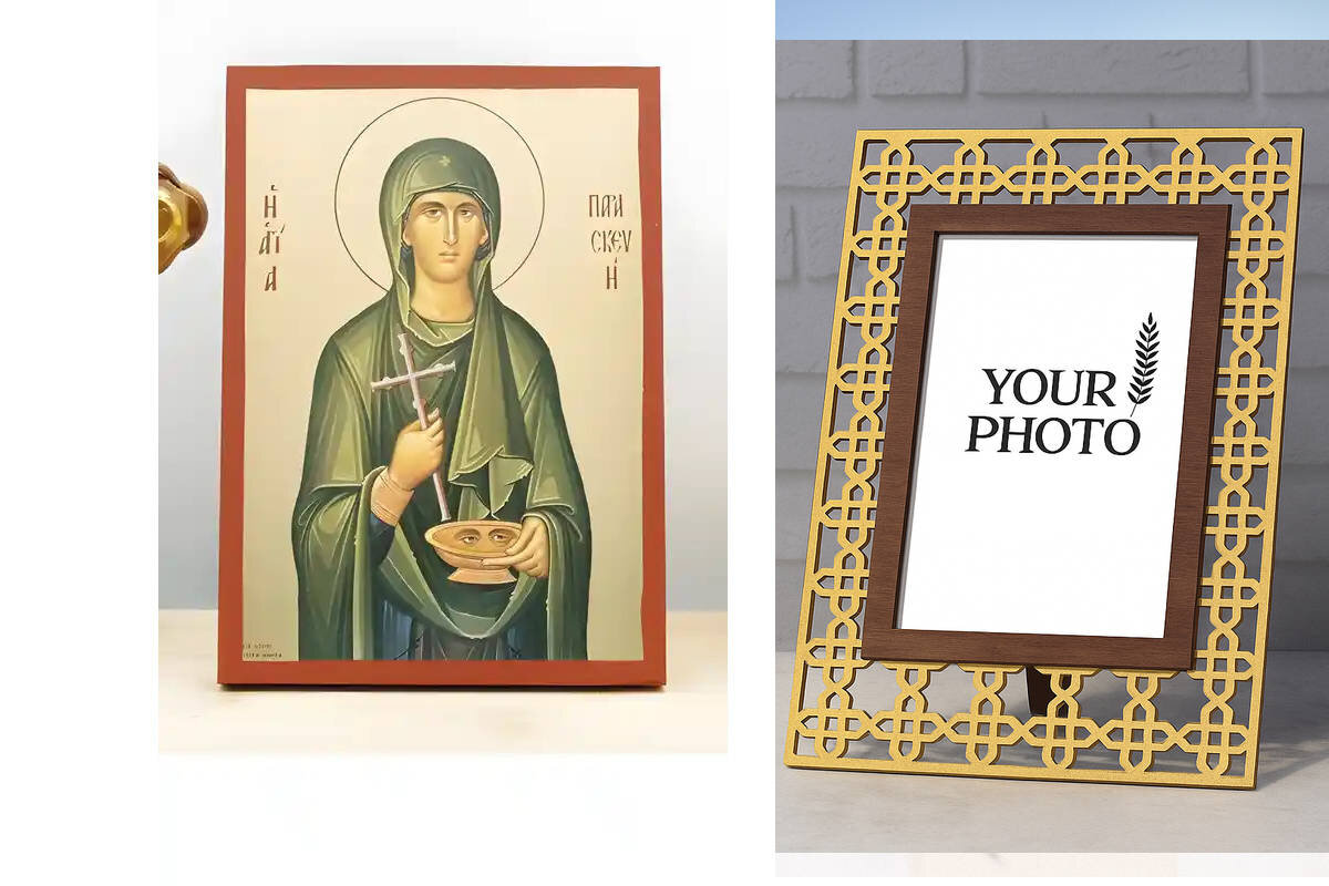 Εικόνα Ορθοδοξίας Πολυτελείας  με  σχεδιο Σταυρούς μαζι με  Βάση σε  8 χρώματα με περίγραμμα χρυσό σε ξύλο Plywood (Πλακάζ)   με  βάση Αγία Παρασκευή Ρώμης, Ξύλινη Χειροποίητη Εικόνα με χρυσό φύλλο Ελληνικό Premium Βυζαντινού Στυλ Κρεμαστό τοίχου Θρησκευτ