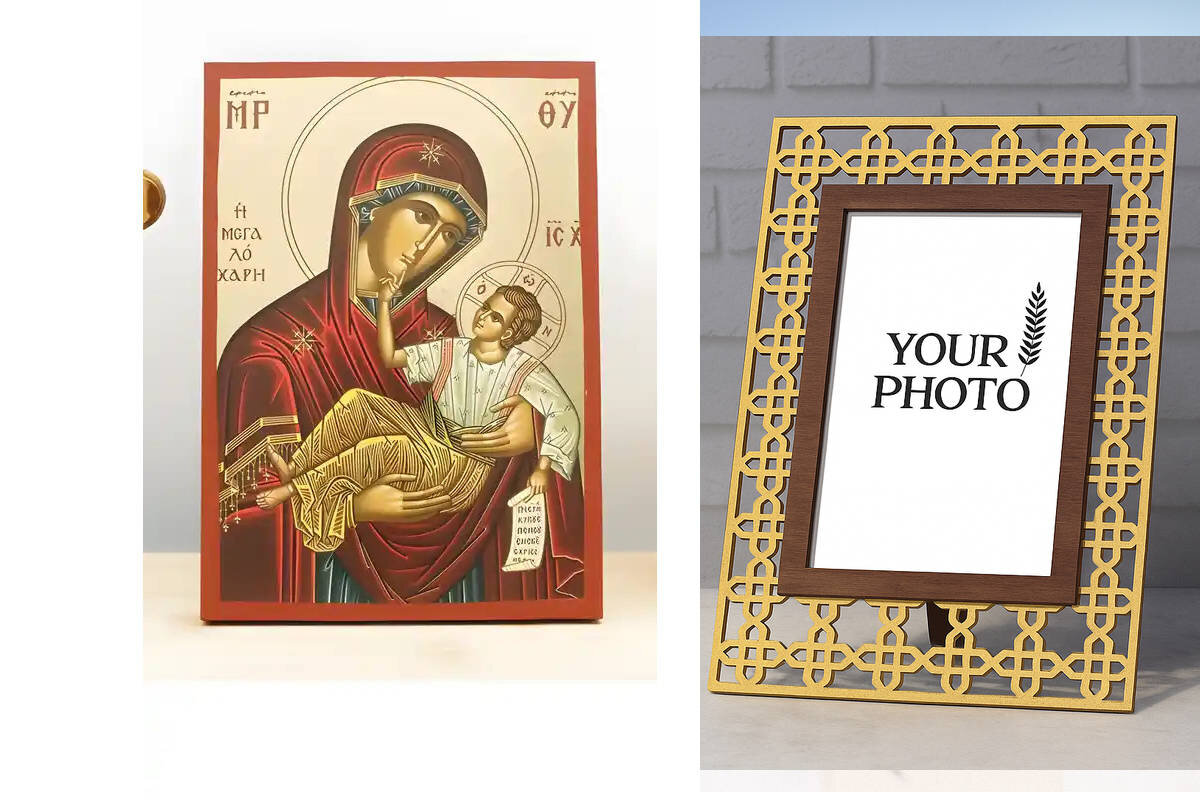 Εικόνα Ορθοδοξίας Πολυτελείας  με  σχεδιο Σταυρούς μαζι με  Βάση σε  8 χρώματα με περίγραμμα χρυσό σε ξύλο Plywood (Πλακάζ)   με  βάση Παναγία της Μεγάλης Χάριτος "Μεγαλόχαρη" με τον Ιησού, Ξύλινη Χειροποίητη Εικόνα με Αλουμινόχαρτο Ελληνικό Premium Βυζαν