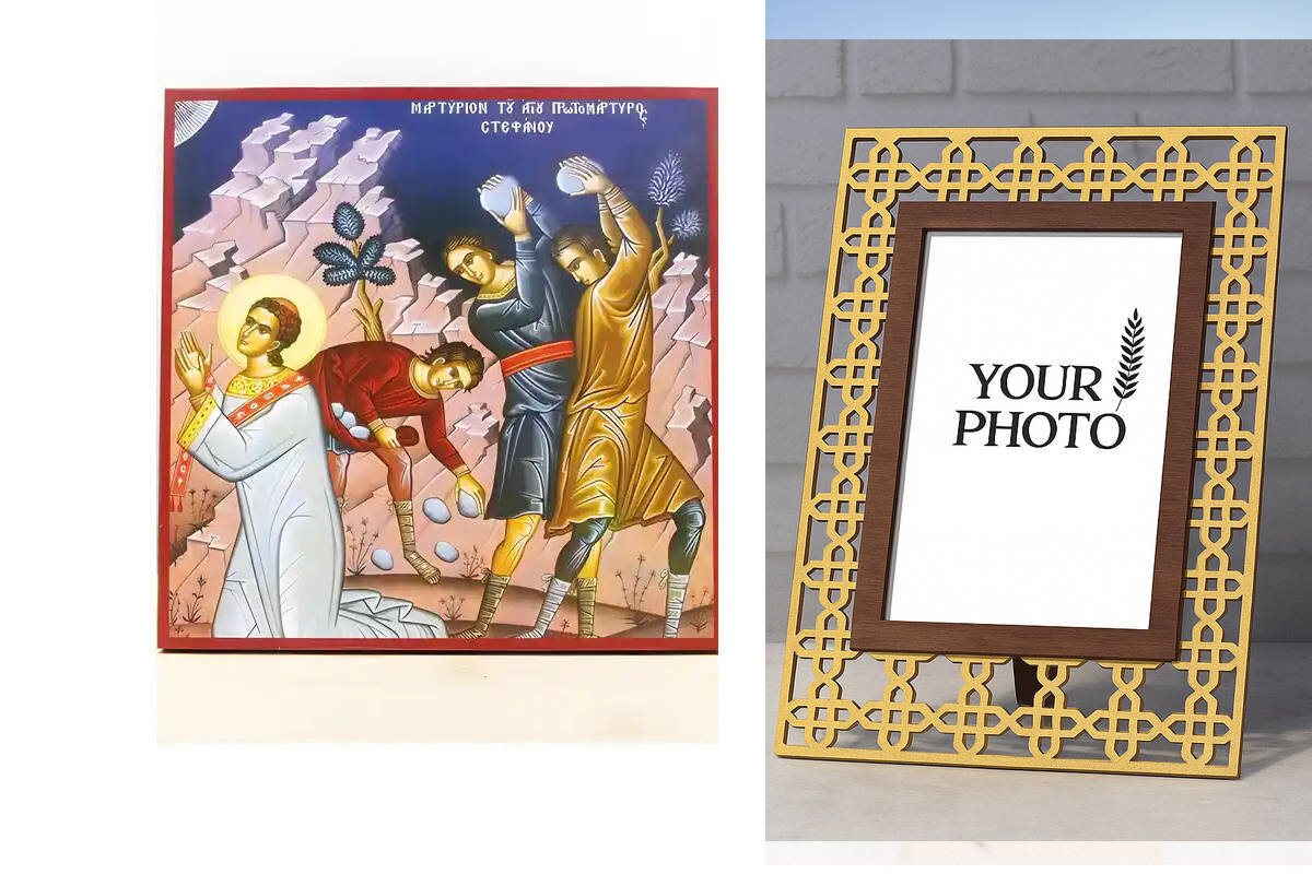 Εικόνα Ορθοδοξίας Πολυτελείας  με  σχεδιο Σταυρούς μαζι με  Βάση σε  8 χρώματα με περίγραμμα χρυσό σε ξύλο Plywood (Πλακάζ)   με  βάση Μαρτύριο του Αγίου Στεφάνου, Ξύλινη Χειροποίητη Εικόνα Ελληνικής Premium Βυζαντινού Στυλ Κρεμαστή σε Ξυλόπλακα Θρησκευτι