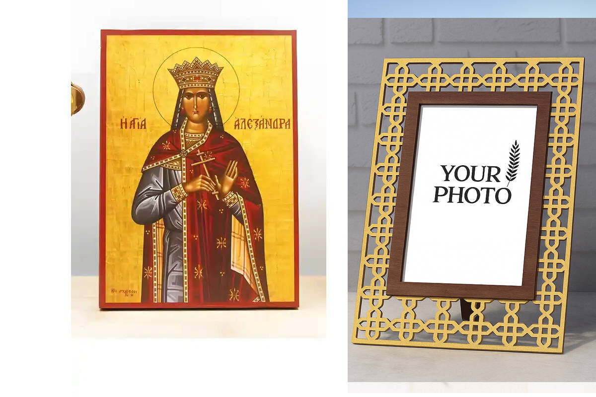 Εικόνα Ορθοδοξίας Πολυτελείας  με  σχεδιο Σταυρούς μαζι με  Βάση σε  8 χρώματα με περίγραμμα χρυσό σε ξύλο Plywood (Πλακάζ)   με  βάση Αγία Αλεξάνδρα της Ρώμης, Ξύλινη Χειροποίητη Εικόνα Ελληνικού Premium Βυζαντινού Στυλ Κρεμασμένο σε ξύλινη πλάκα Χειροπο