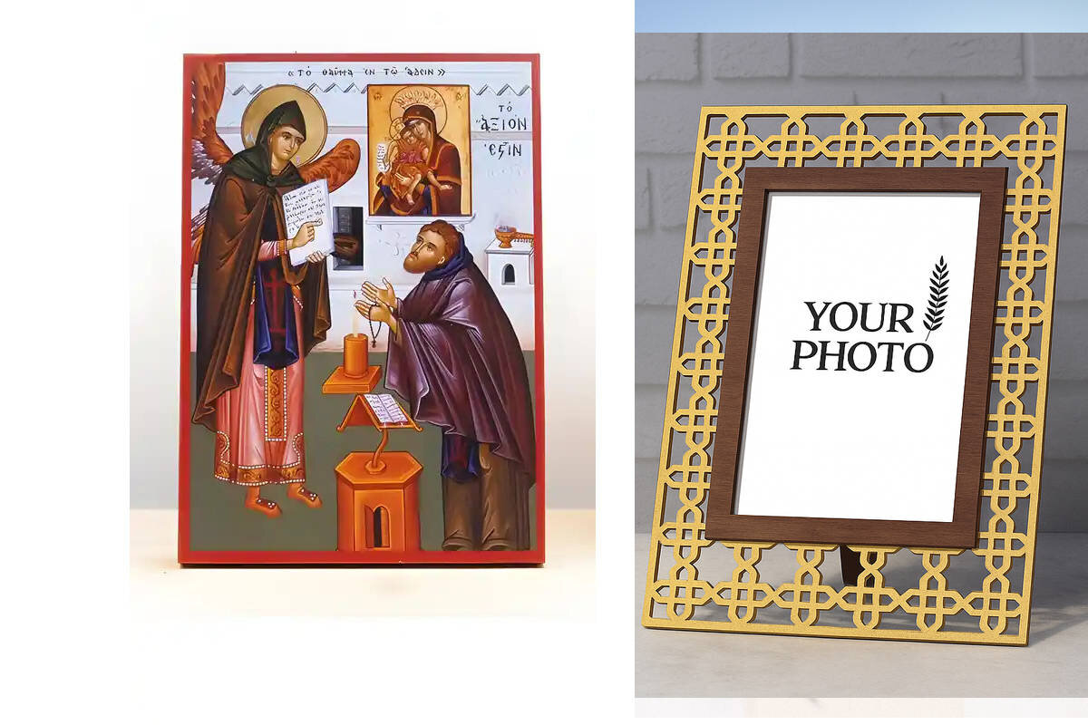 Εικόνα Ορθοδοξίας Πολυτελείας  με  σχεδιο Σταυρούς μαζι με  Βάση σε  8 χρώματα με περίγραμμα χρυσό σε ξύλο Plywood (Πλακάζ)   με  βάση The Miracle of Axion Esti, Ξύλινη Χειροποίητη Εικόνα Ελληνικού Premium Βυζαντινού Στυλ Κρεμαστή σε ξύλινη πλάκα Θρησκευτ