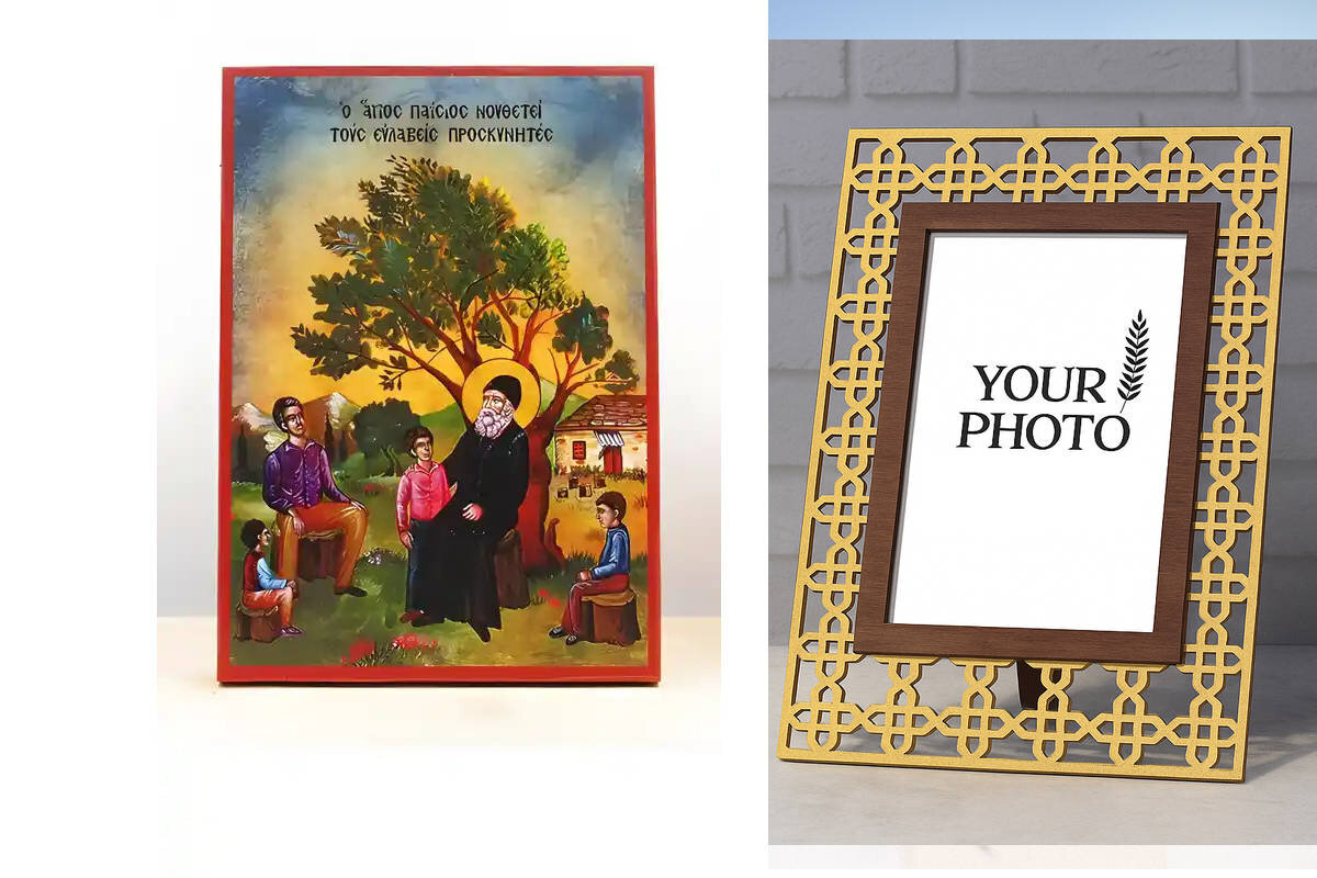 Εικόνα Ορθοδοξίας Πολυτελείας  με  σχεδιο Σταυρούς μαζι με  Βάση σε  8 χρώματα με περίγραμμα χρυσό σε ξύλο Plywood (Πλακάζ)   με  βάση Ο Άγιος Παΐσιος νουθετεί τους προσκυνητές, Ξύλινη Χειροποίητη Εικόνα Ελληνικής Premium Βυζαντινού Στυλ τοίχου Κρεμασμένη