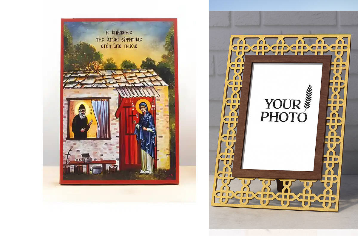 Εικόνα Ορθοδοξίας Πολυτελείας  με  σχεδιο Σταυρούς μαζι με  Βάση σε  8 χρώματα με περίγραμμα χρυσό σε ξύλο Plywood (Πλακάζ)   με  βάση Η Αγία Ευφημία επισκέπτεται τον Άγιο Παΐσιο, Ξύλινη Χειροποίητη Εικόνα Ελληνικού Premium Βυζαντινού Στυλ τοίχου Κρεμασμέ