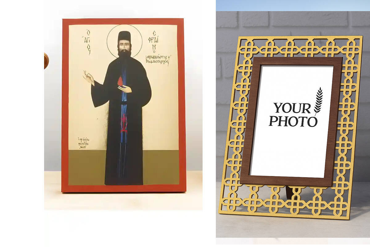 Εικόνα Ορθοδοξίας Πολυτελείας  με  σχεδιο Σταυρούς μαζι με  Βάση σε  8 χρώματα με περίγραμμα χρυσό σε ξύλο Plywood (Πλακάζ)   με  βάση Άγιος Εφραίμ Νέας Μάκρης ο Νεομάρτυς, Ξύλινη Χειροποίητη Εικόνα με Ψηφιακή Εκτύπωση Ελληνικό Premium Βυζαντινού Στυλ Κρε