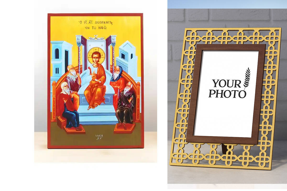 Εικόνα Ορθοδοξίας Πολυτελείας  με  σχεδιο Σταυρούς μαζι με  Βάση σε  8 χρώματα με περίγραμμα χρυσό σε ξύλο Plywood (Πλακάζ)   με  βάση The Boy Jesus Christ at the Temple, Ξύλινη Χειροποίητη Εικόνα Ελληνικού Premium Βυζαντινού Στυλ Κρεμασμένο σε ξύλινη πλά