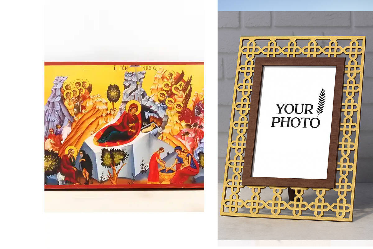 Σετ 2 τεμαχίων – Εικόνα Ορθοδοξίας Πολυτελείας  με  σχεδιο Σταυρούς μαζι με  Βάση σε  8 χρώματα με περίγραμμα χρυσό σε ξύλο Plywood (Πλακάζ)   με  βάση Γένεση του Ιησού Χριστού, Ξύλινη Χειροποίητη Κατακόρυφη Εικόνα Ελληνικού Premium Βυζαντινού Στυλ Κρεμασ