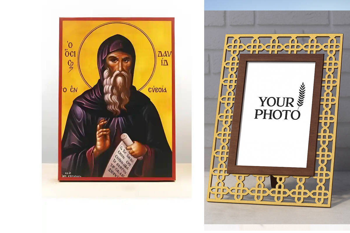 Σετ 2 τεμαχίων – Εικόνα Ορθοδοξίας Πολυτελείας  με  σχεδιο Σταυρούς μαζι με  Βάση σε  8 χρώματα με περίγραμμα χρυσό σε ξύλο Plywood (Πλακάζ)   με  βάση Άγιος Δαυίδ της Ευβοίας, Ξύλινη Χειροποίητη Εικόνα Ελληνικού Premium Βυζαντινού Στυλ Κρεμαστή σε ξύλινη