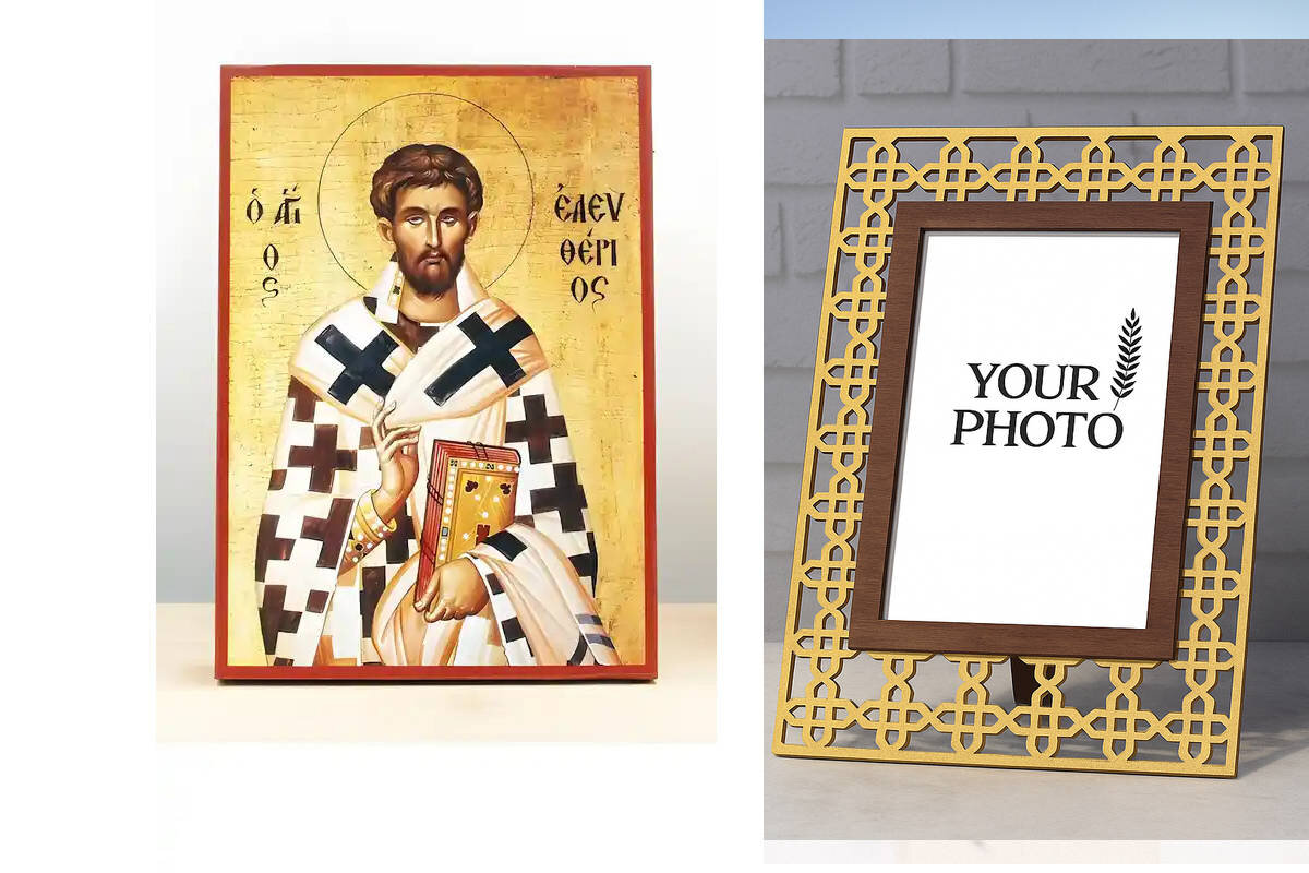 Σετ 2 τεμαχίων – Εικόνα Ορθοδοξίας Πολυτελείας  με  σχεδιο Σταυρούς μαζι με  Βάση σε  8 χρώματα με περίγραμμα χρυσό σε ξύλο Plywood (Πλακάζ)   με  βάση Άγιος Ελευθέριος, Ξύλινη Χειροποίητη Εικόνα Ελληνικού Premium Βυζαντινού Στυλ Κρεμαστή σε ξύλινη πλάκα