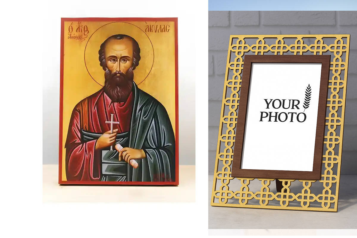 Σετ 2 τεμαχίων – Εικόνα Ορθοδοξίας Πολυτελείας  με  σχεδιο Σταυρούς μαζι με  Βάση σε  8 χρώματα με περίγραμμα χρυσό σε ξύλο Plywood (Πλακάζ)   με  βάση Άγιος Απόστολος Ακίλας, Ξύλινη Χειροποίητη Εικόνα Ελληνικού Premium Βυζαντινού Στυλ Κρεμαστή σε ξύλινη