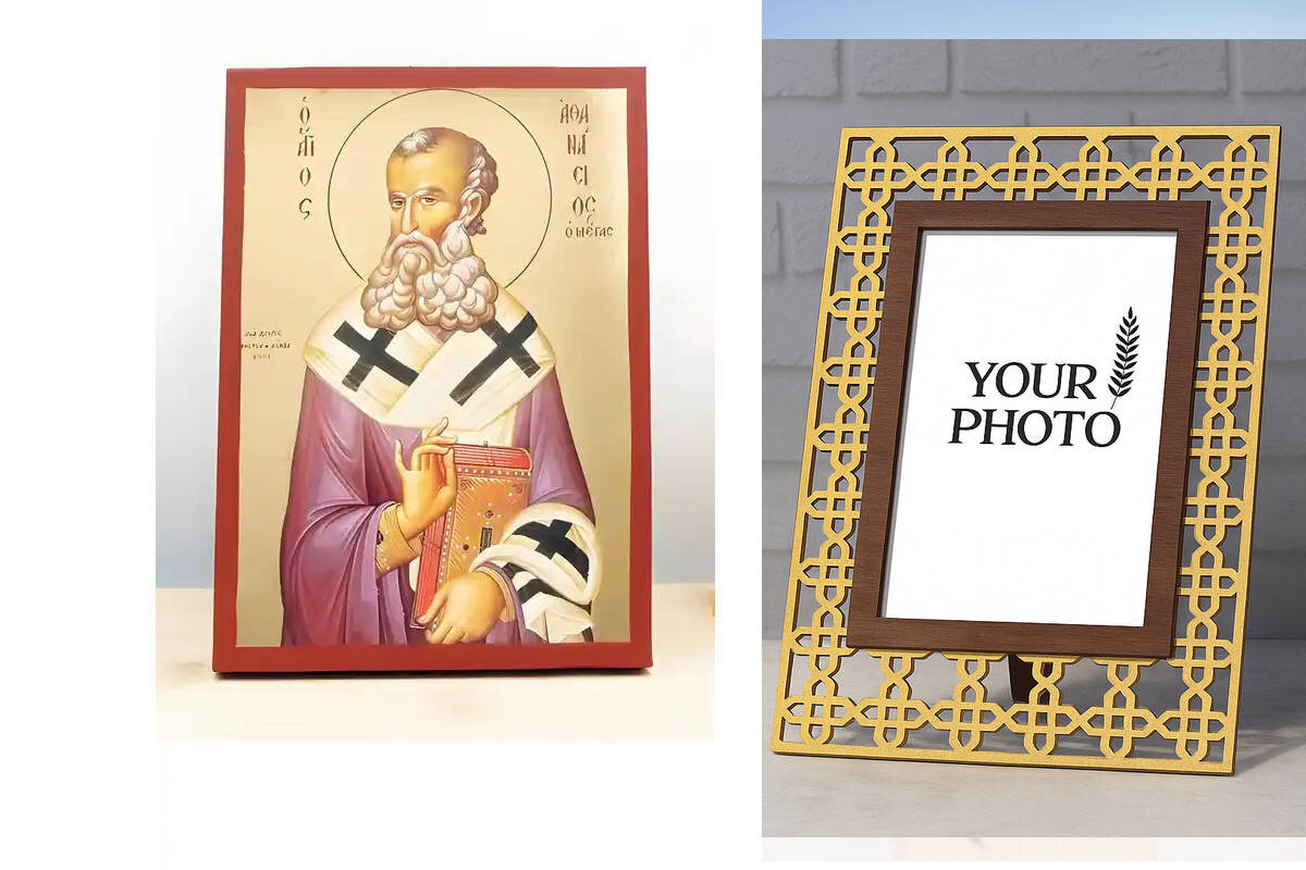 Σετ 2 τεμαχίων – Εικόνα Ορθοδοξίας Πολυτελείας  με  σχεδιο Σταυρούς μαζι με  Βάση σε  8 χρώματα με περίγραμμα χρυσό σε ξύλο Plywood (Πλακάζ)   με  βάση Άγιος Αθανάσιος Αλεξανδρείας, Ξύλινη Χειροποίητη Εικόνα με Ψηφιακή Εκτύπωση Ελληνικό Premium Βυζαντινού