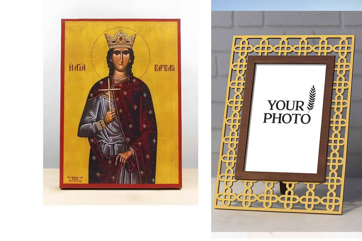 Σετ 2 τεμαχίων – Εικόνα Ορθοδοξίας Πολυτελείας  με  σχεδιο Σταυρούς μαζι με  Βάση σε  8 χρώματα με περίγραμμα χρυσό σε ξύλο Plywood (Πλακάζ)   με  βάση Αγία Βαρβάρα η Μεγαλομάρτυς, Ξύλινη Χειροποίητη Εικόνα Ελληνικού Premium Βυζαντινού Στυλ Κρεμαστή σε ξύ