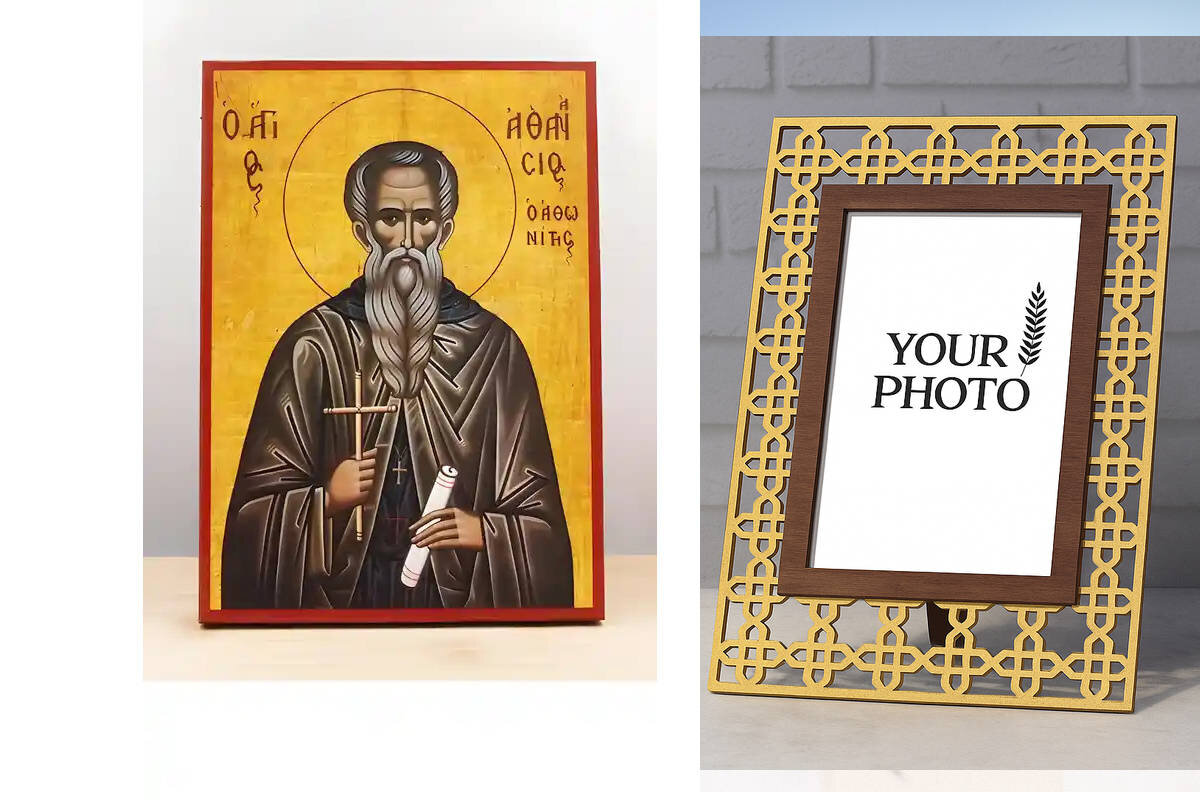 Σετ 2 τεμαχίων – Εικόνα Ορθοδοξίας Πολυτελείας  με  σχεδιο Σταυρούς μαζι με  Βάση σε  8 χρώματα με περίγραμμα χρυσό σε ξύλο Plywood (Πλακάζ)   με  βάση Άγιος Αθανάσιος ο Αθωνίτης, Ξύλινη Χειροποίητη Εικόνα Ελληνικής Premium Βυζαντινού Στυλ Κρεμασμένη σε ξ