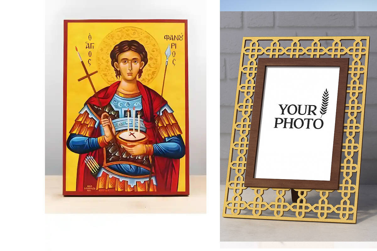 Εικόνα Ορθοδοξίας Πολυτελείας  με  σχεδιο Σταυρούς μαζι με  Βάση σε  8 χρώματα με περίγραμμα χρυσό σε ξύλο Plywood (Πλακάζ)   με  βάση Ο Άγιος Φανούριος κρατά τη Φανουρόπιτα “Lost and Found Cake”, Ξύλινη Χειροποίητη Εικόνα Ελληνικής Premium Βυζαντινού Στυ