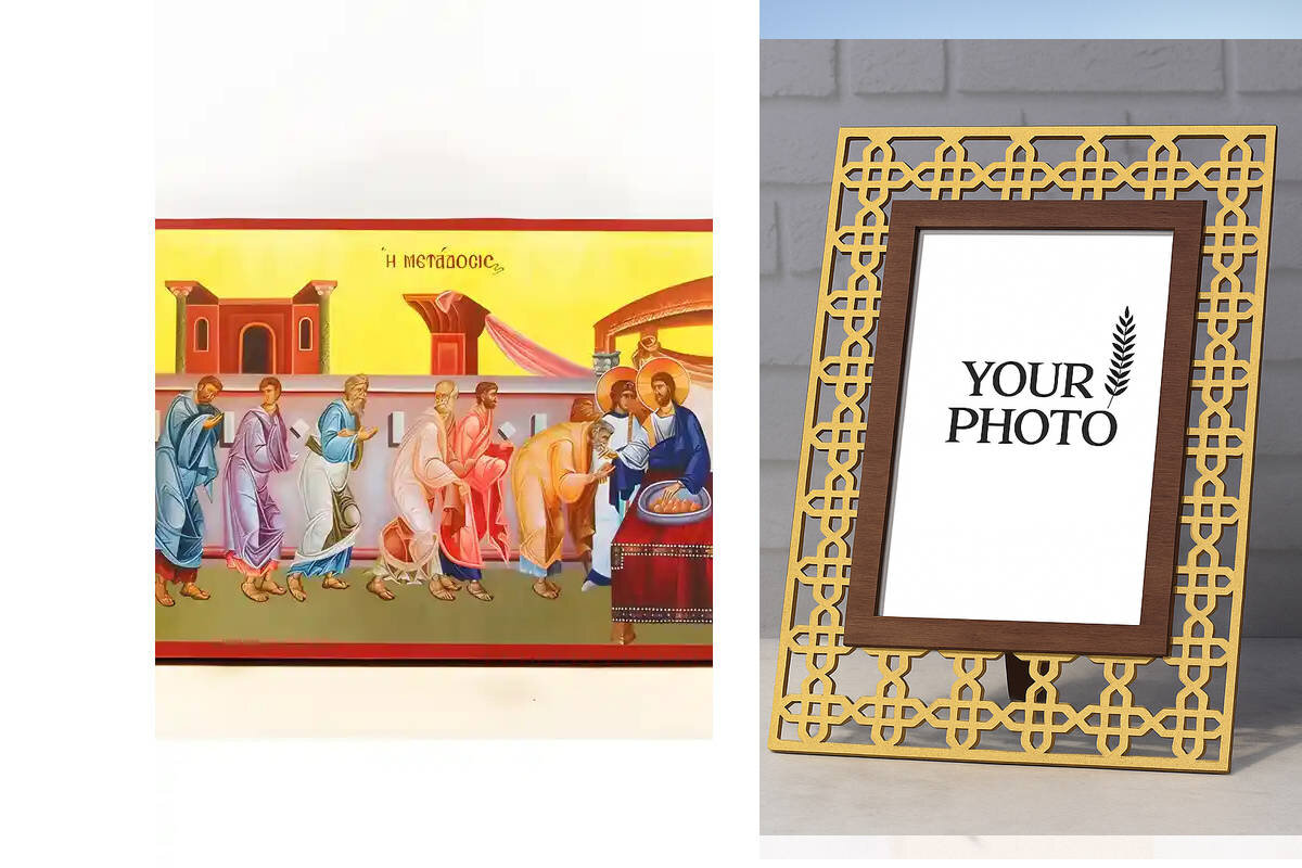 Εικόνα Ορθοδοξίας Πολυτελείας  με  σχεδιο Σταυρούς μαζι με  Βάση σε  8 χρώματα με περίγραμμα χρυσό σε ξύλο Plywood (Πλακάζ)   με  βάση Ευχαριστιακή Κοινωνία του Σώματος του Ιησού Χριστού Μεταδόση, Ξύλινη Χειροποίητη Εικόνα Ελληνικής Premium Βυζαντινής τεχ