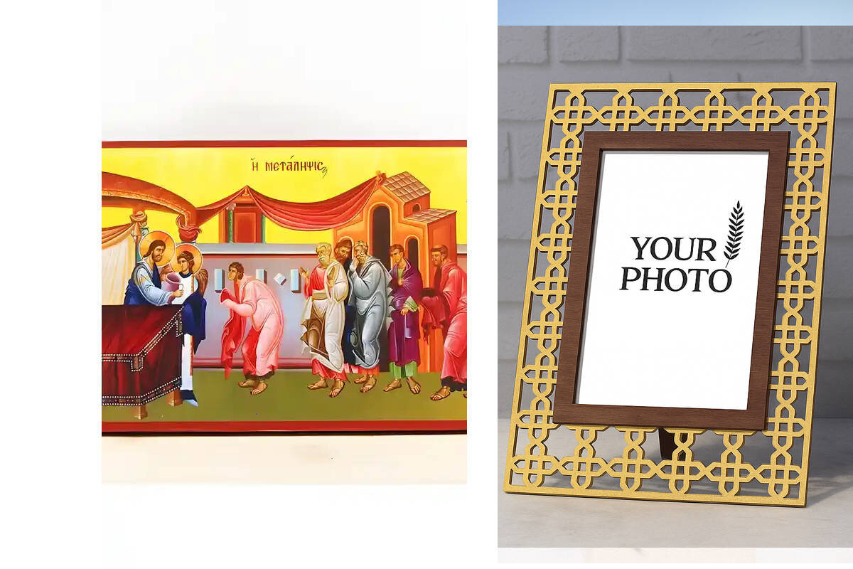 Εικόνα Ορθοδοξίας Πολυτελείας  με  σχεδιο Σταυρούς μαζι με  Βάση σε  8 χρώματα με περίγραμμα χρυσό σε ξύλο Plywood (Πλακάζ)   με  βάση Ευχαριστιακή Κοινωνία του Αίματος του Ιησού Χριστού Μετάληψη, Ξύλινη Χειροποίητη Εικόνα Ελληνικής Premium Βυζαντινής τεχ