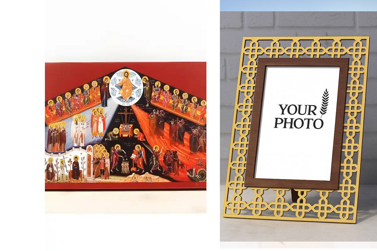 Εικόνα Ορθοδοξίας Πολυτελείας  με  σχεδιο Σταυρούς μαζι με  Βάση σε  8 χρώματα με περίγραμμα χρυσό σε ξύλο Plywood (Πλακάζ)   με  βάση The Last Judgment, Ξύλινη Χειροποίητη Εικόνα Ελληνικού Premium Βυζαντινού Στυλ Κρεμασμένο σε ξύλινη πλάκα Θρησκευτικό θέ