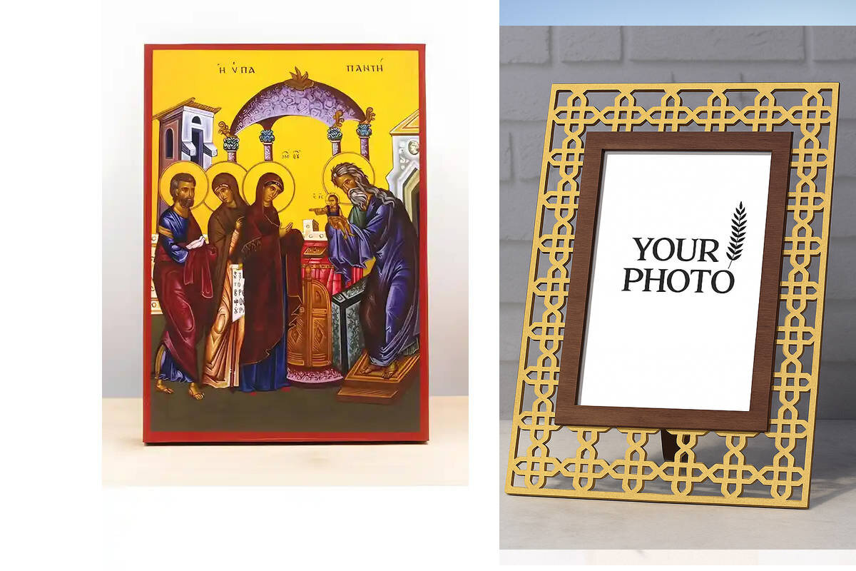 Σετ 2 τεμαχίων – Εικόνα Ορθοδοξίας Πολυτελείας  με  σχεδιο Σταυρούς μαζι με  Βάση σε  8 χρώματα με περίγραμμα χρυσό σε ξύλο Plywood (Πλακάζ)   με  βάση Η Παρουσίαση του Ιησού Χριστού στο Ναό της Ιερουσαλήμ, Ξύλινη Χειροποίητη Εικόνα Ελληνικού Premium Βυζα