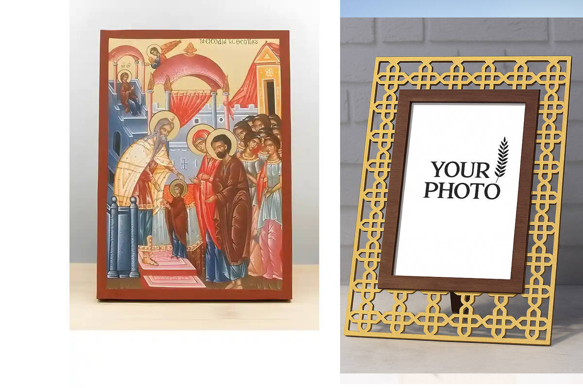 Σετ 2 τεμαχίων – Εικόνα Ορθοδοξίας Πολυτελείας  με  σχεδιο Σταυρούς μαζι με  Βάση σε  8 χρώματα με περίγραμμα χρυσό σε ξύλο Plywood (Πλακάζ)   με  βάση Η είσοδος της Παναγίας στο Ναό, Ξύλινη Χειροποίητη Εικόνα με Φύλλο Χρυσού Ελληνικού Premium Βυζαντινού