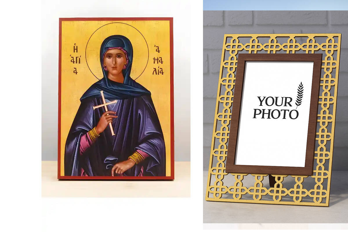 Σετ 2 τεμαχίων – Εικόνα Ορθοδοξίας Πολυτελείας  με  σχεδιο Σταυρούς μαζι με  Βάση σε  8 χρώματα με περίγραμμα χρυσό σε ξύλο Plywood (Πλακάζ)   με  βάση Αγία «Αμαλία» Αμαλβέργα του Maubeuge, Ξύλινη Χειροποίητη Εικόνα Ελληνικού Premium Βυζαντινού Στυλ Κρεμα