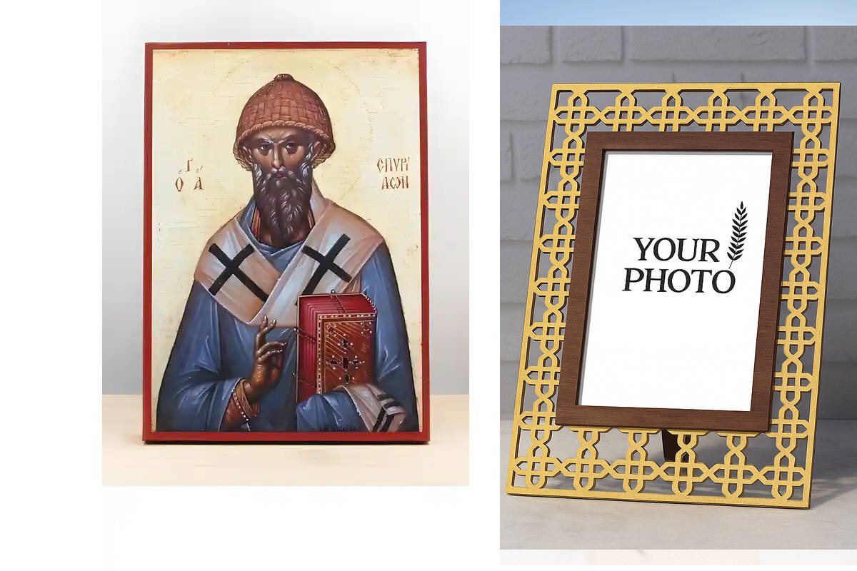 Σετ 2 τεμαχίων – Εικόνα Ορθοδοξίας Πολυτελείας  με  σχεδιο Σταυρούς μαζι με  Βάση σε  8 χρώματα με περίγραμμα χρυσό σε ξύλο Plywood (Πλακάζ)   με  βάση Άγιος Σπυρίδων Κέρκυρας, Ξύλινη Χειροποίητη Εικόνα Ελληνικής Premium Βυζαντινού Στυλ Κρεμαστή σε ξύλινη