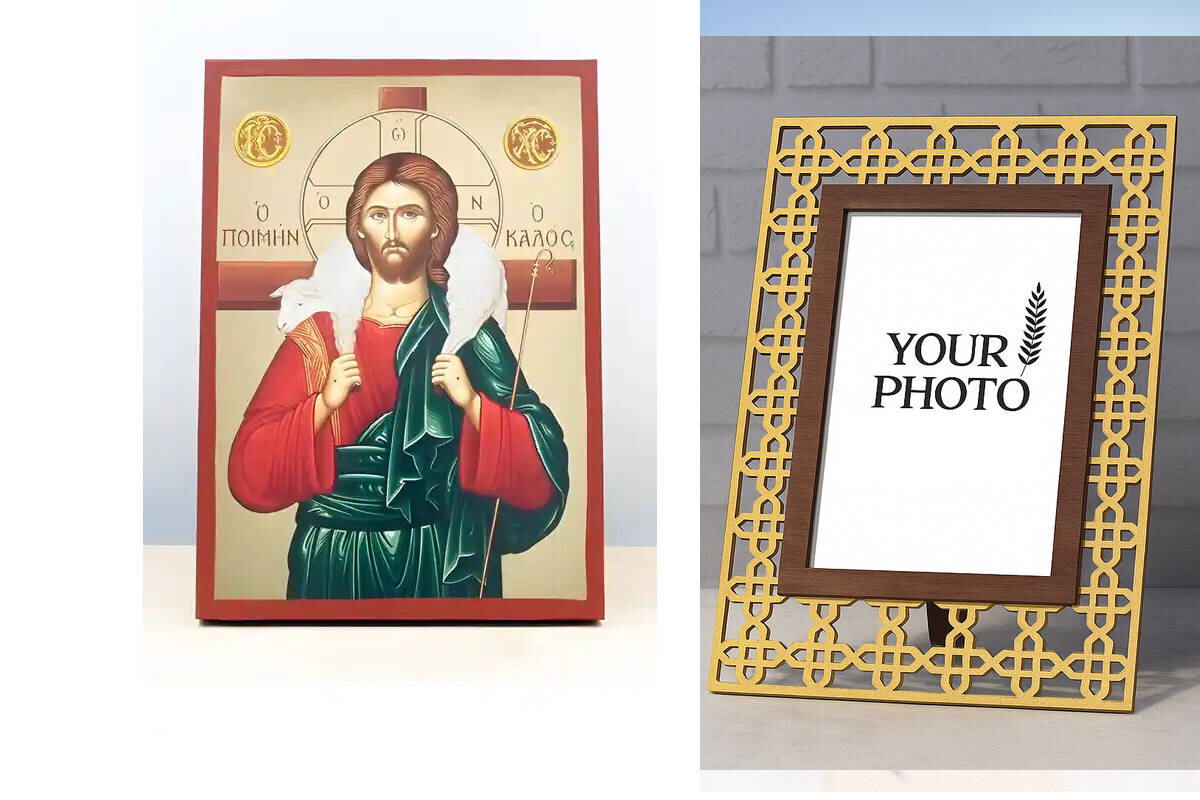 Σετ 2 τεμαχίων – Εικόνα Ορθοδοξίας Πολυτελείας  με  σχεδιο Σταυρούς μαζι με  Βάση σε  8 χρώματα με περίγραμμα χρυσό σε ξύλο Plywood (Πλακάζ)   με  βάση Ιησούς Χριστός ο Καλός Ποιμένας, Ξύλινη Χειροποίητη Εικόνα με χρυσό φύλλο Ελληνικού Premium Βυζαντινού