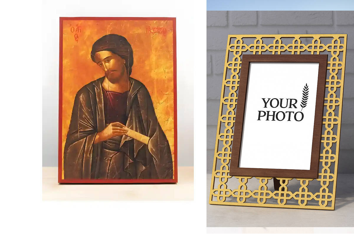 Σετ 2 τεμαχίων – Εικόνα Ορθοδοξίας Πολυτελείας  με  σχεδιο Σταυρούς μαζι με  Βάση σε  8 χρώματα με περίγραμμα χρυσό σε ξύλο Plywood (Πλακάζ)   με  βάση Άγιος Ιάκωβος αδερφός του Ιησού, Ξύλινη Χειροποίητη Εικόνα Ελληνικού Premium Βυζαντινού Στυλ Κρεμασμένο