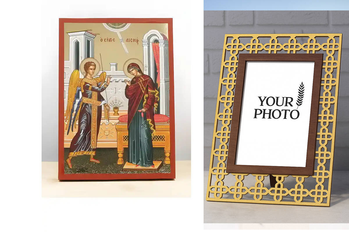 Σετ 2 τεμαχίων – Εικόνα Ορθοδοξίας Πολυτελείας  με  σχεδιο Σταυρούς μαζι με  Βάση σε  8 χρώματα με περίγραμμα χρυσό σε ξύλο Plywood (Πλακάζ)   με  βάση Ευαγγελισμός της Θεοτόκου, Ξύλινη Χειροποίητη Εικόνα με Ψηφιακή Εκτύπωση Ελληνικό Premium Βυζαντινού Στ