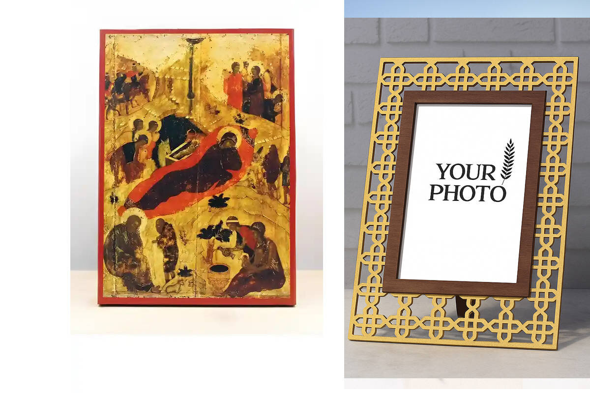 Εικόνα Ορθοδοξίας Πολυτελείας  με  σχεδιο Σταυρούς μαζι με  Βάση σε  8 χρώματα με περίγραμμα χρυσό σε ξύλο Plywood (Πλακάζ)   με  βάση Genesis of Jesus Christ Old Style, Ξύλινη Χειροποίητη Εικόνα Ελληνικού Premium Βυζαντινού Στυλ Κρεμασμένο σε ξύλινη πλάκ