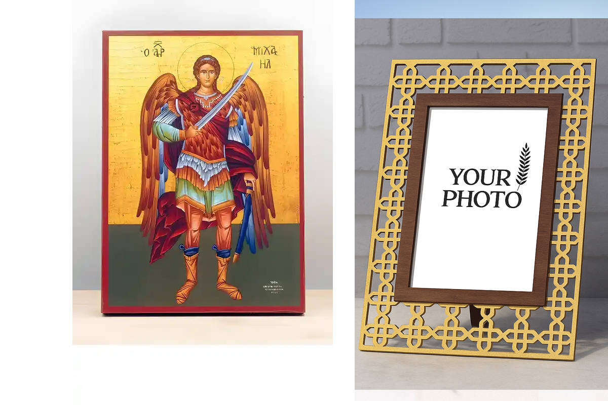 Εικόνα Ορθοδοξίας Πολυτελείας  με  σχεδιο Σταυρούς μαζι με  Βάση σε  8 χρώματα με περίγραμμα χρυσό σε ξύλο Plywood (Πλακάζ)   με  βάση Αρχάγγελος Μιχαήλ Fullbody, Ξύλινη Χειροποίητη Εικόνα Ελληνικού Premium Βυζαντινού Στυλ Κρεμαστή σε ξύλινη πλάκα Θρησκευ