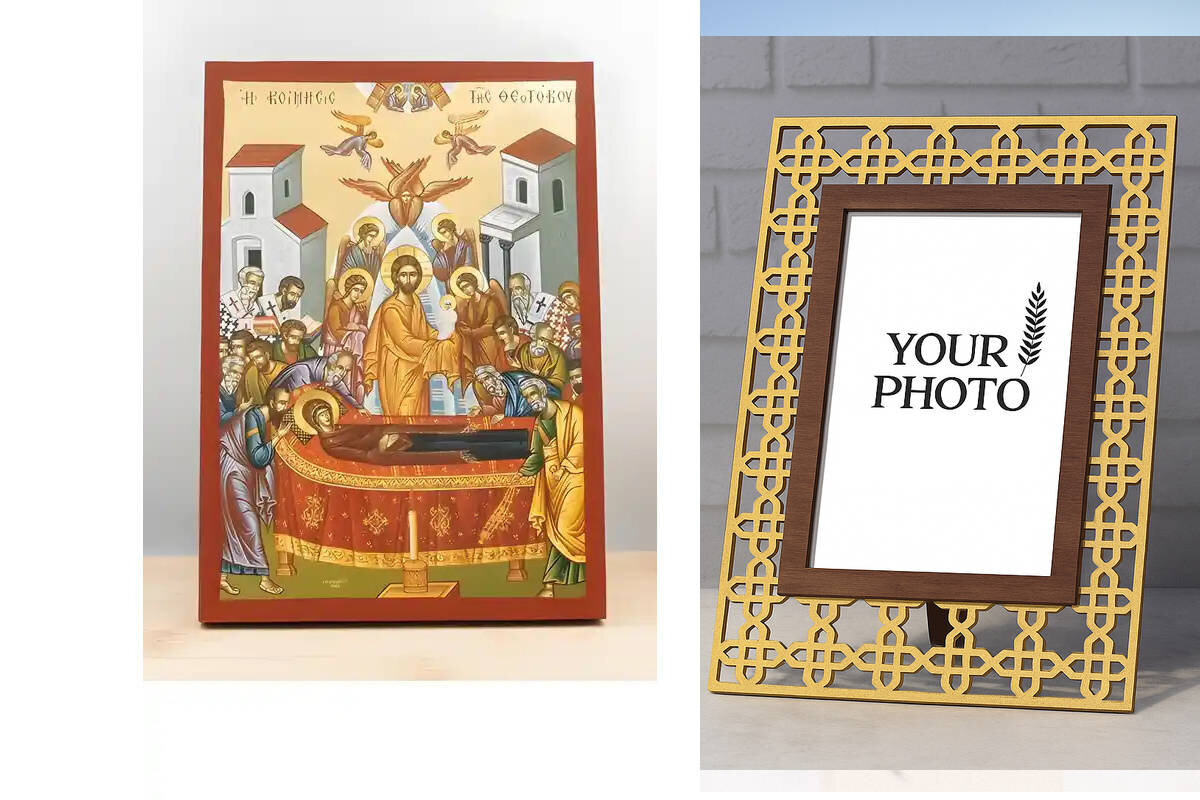 Εικόνα Ορθοδοξίας Πολυτελείας  με  σχεδιο Σταυρούς μαζι με  Βάση σε  8 χρώματα με περίγραμμα χρυσό σε ξύλο Plywood (Πλακάζ)   με  βάση Η Κοίμηση της Θεοτόκου με τον Ιησού, Ξύλινη Χειροποίητη Εικόνα με Ψηφιακή Εκτύπωση Ελληνικό Premium Βυζαντινού Στυλ Κρεμ