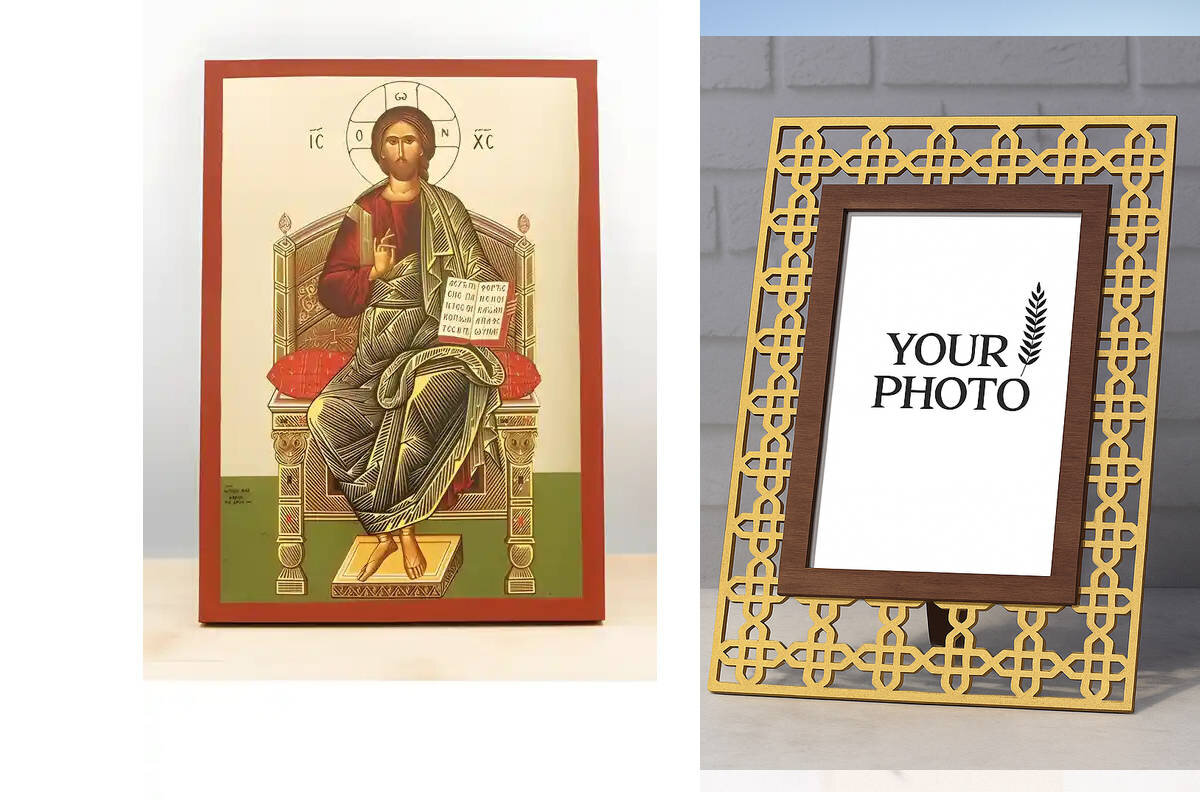 Εικόνα Ορθοδοξίας Πολυτελείας  με  σχεδιο Σταυρούς μαζι με  Βάση σε  8 χρώματα με περίγραμμα χρυσό σε ξύλο Plywood (Πλακάζ)   με  βάση Ένθρονος Ιησούς Χριστός, Ξύλινη Χειροποίητη Εικόνα με Φύλλο Χρυσού Τοίχου Ελληνικού Premium Βυζαντινού Στυλ Κρεμασμένο σ