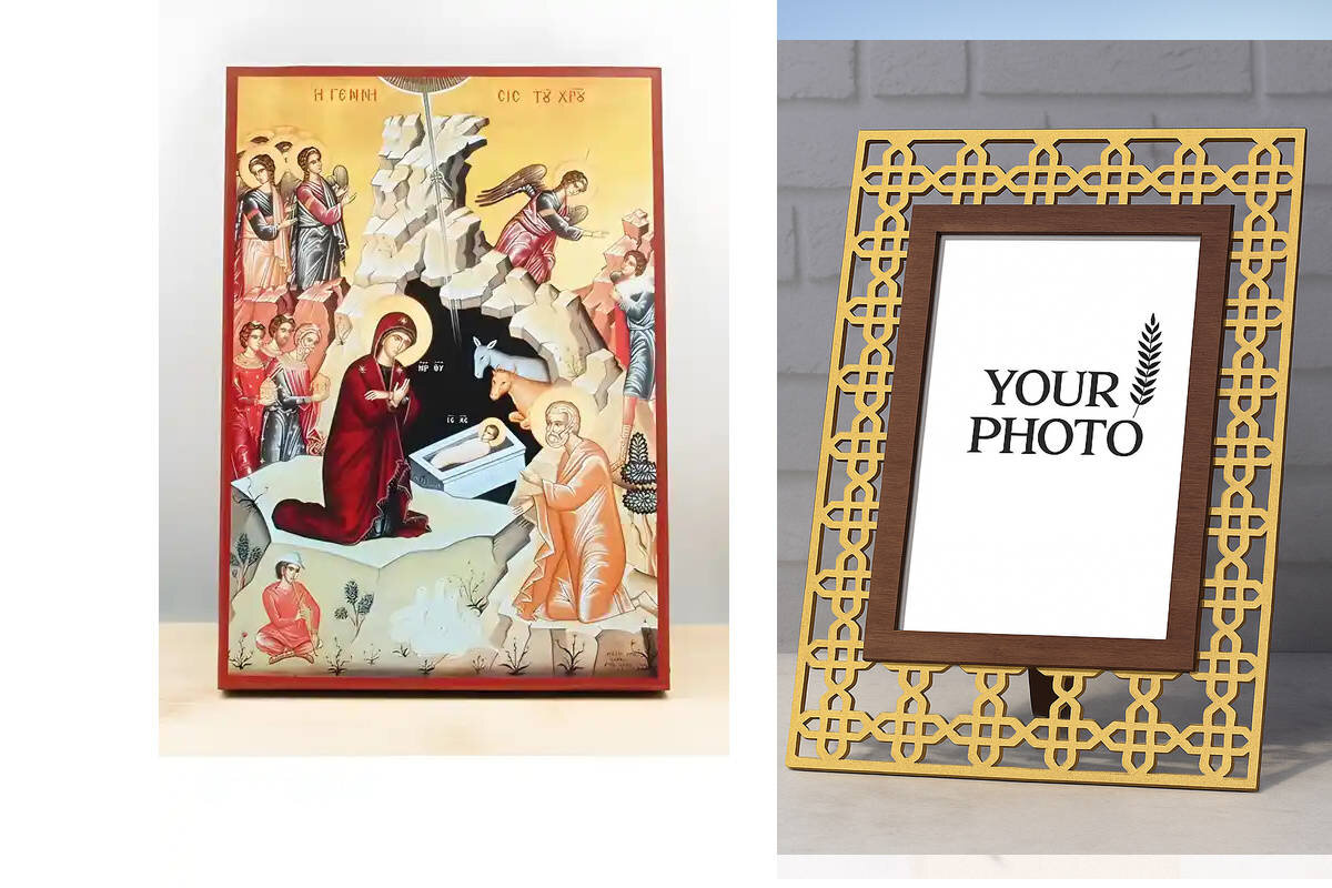 Εικόνα Ορθοδοξίας Πολυτελείας  με  σχεδιο Σταυρούς μαζι με  Βάση σε  8 χρώματα με περίγραμμα χρυσό σε ξύλο Plywood (Πλακάζ)   με  βάση Γένεσις του Ιησού Χριστού, Ξύλινη Χειροποίητη Εικόνα Ελληνικού Premium Βυζαντινού Στυλ Κρεμασμένο σε ξύλινη πλάκα Ορθόδο