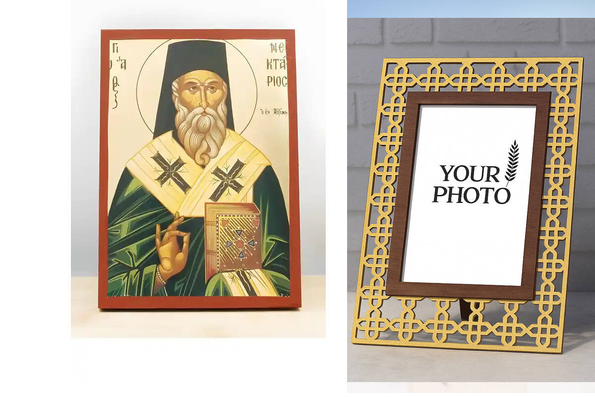 Εικόνα Ορθοδοξίας Πολυτελείας  με  σχεδιο Σταυρούς μαζι με  Βάση σε  8 χρώματα με περίγραμμα χρυσό σε ξύλο Plywood (Πλακάζ)   με  βάση Άγιος Νεκτάριος Αιγίνης Πράσινη, Ξύλινη Χειροποίητη Εικόνα με  ψηφιακή εκτύπωση Ελληνικό Premium Βυζαντινού Στυλ Επιτοίχ