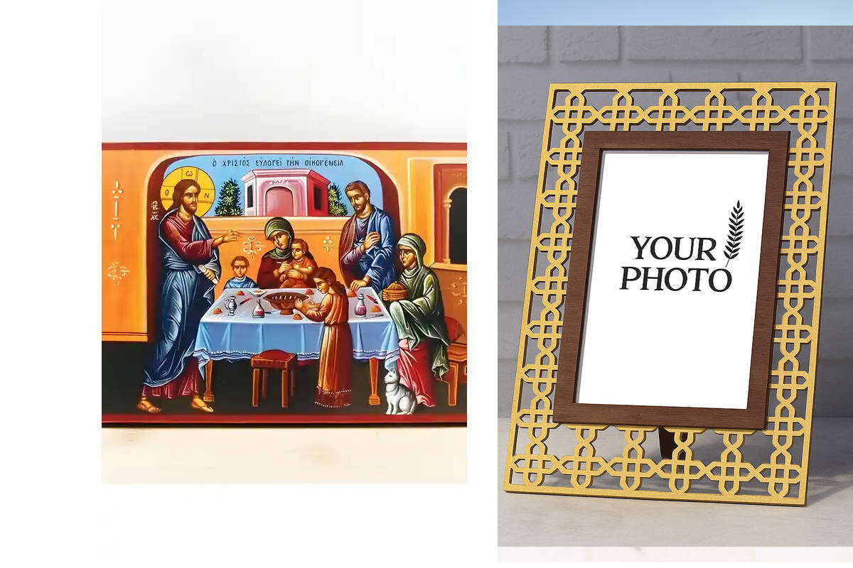 Εικόνα Ορθοδοξίας Πολυτελείας  με  σχεδιο Σταυρούς μαζι με  Βάση σε  8 χρώματα με περίγραμμα χρυσό σε ξύλο Plywood (Πλακάζ)   με  βάση Ο Ιησούς Χριστός Ευλογεί την Οικογένεια, Ξύλινη Χειροποίητη Εικόνα Ελληνικού Premium Βυζαντινού Στυλ Κρεμασμένο σε ξύλιν