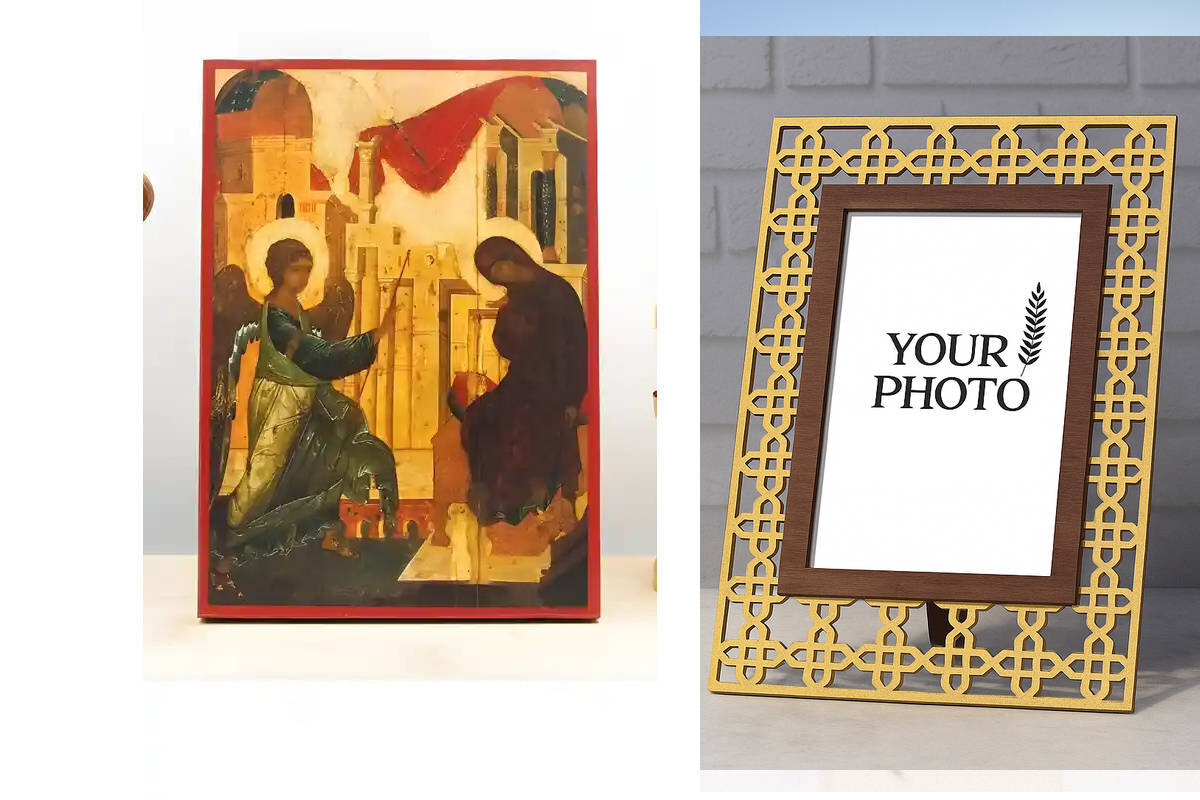 Εικόνα Ορθοδοξίας Πολυτελείας  με  σχεδιο Σταυρούς μαζι με  Βάση σε  8 χρώματα με περίγραμμα χρυσό σε ξύλο Plywood (Πλακάζ)   με  βάση Ο Ευαγγελισμός της Θεοτόκου Παλιάς τεχνοτροπίας, Ξύλινη Χειροποίητη Εικόνα Ελληνικού Premium Βυζαντινού Στυλ Κρεμαστή σε