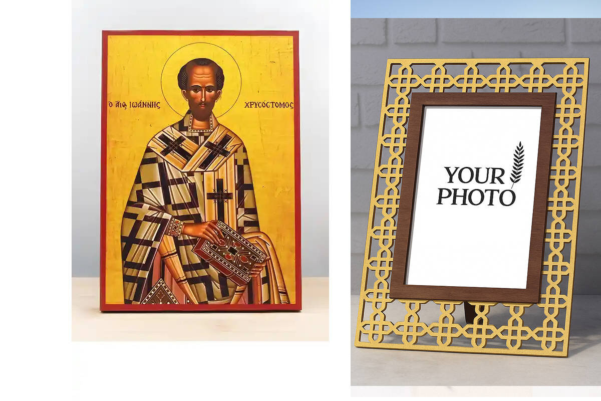 Εικόνα Ορθοδοξίας Πολυτελείας  με  σχεδιο Σταυρούς μαζι με  Βάση σε  8 χρώματα με περίγραμμα χρυσό σε ξύλο Plywood (Πλακάζ)   με  βάση Άγιος Ιωάννης ο Χρυσόστομος, Ξύλινη Χειροποίητη Εικόνα Ελληνικής Premium Βυζαντινού Στυλ Κρεμαστή σε ξύλινη πλάκα Χειροπ