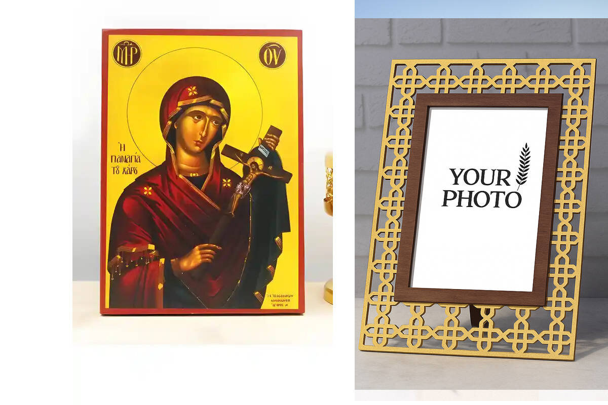 Εικόνα Ορθοδοξίας Πολυτελείας  με  σχεδιο Σταυρούς μαζι με  Βάση σε  8 χρώματα με περίγραμμα χρυσό σε ξύλο Plywood (Πλακάζ)   με  βάση Παναγία του Χάρου με τον Ιησού Εσταυρωμένο, Ξύλινη Χειροποίητη Εικόνα Ελληνικού Premium Βυζαντινού Στυλ τοίχου Κρεμασμέν