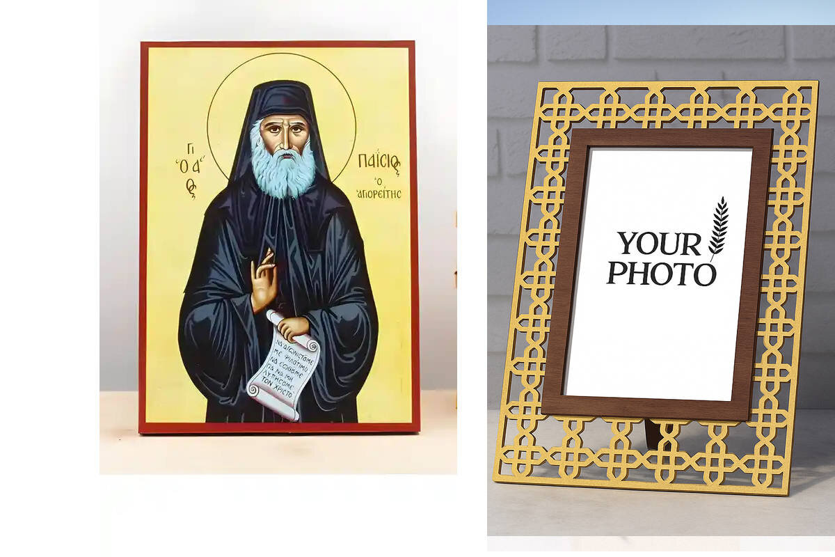 Εικόνα Ορθοδοξίας Πολυτελείας  με  σχεδιο Σταυρούς μαζι με  Βάση σε  8 χρώματα με περίγραμμα χρυσό σε ξύλο Plywood (Πλακάζ)   με  βάση Άγιος Παΐσιος ο Αγιορείτης, Ξύλινη Χειροποίητη Εικόνα Ελληνικού Premium Βυζαντινού Στυλ Κρεμαστή σε ξύλινη πλάκα Θρησκευ