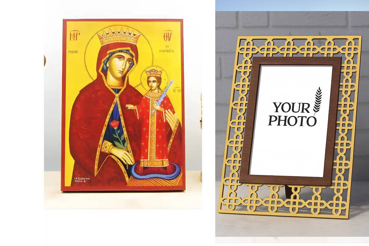 Σετ 2 τεμαχίων – Εικόνα Ορθοδοξίας Πολυτελείας  με  σχεδιο Σταυρούς μαζι με  Βάση σε  8 χρώματα με περίγραμμα χρυσό σε ξύλο Plywood (Πλακάζ)   με  βάση Η Παναγία η Αμάρανθος Τριαντάφυλλο με τον Ιησού, Ξύλινη Χειροποίητη Εικόνα Ελληνικού Premium Βυζαντινού