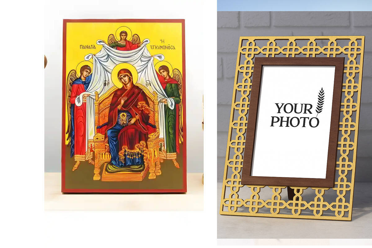 Σετ 2 τεμαχίων – Εικόνα Ορθοδοξίας Πολυτελείας  με  σχεδιο Σταυρούς μαζι με  Βάση σε  8 χρώματα με περίγραμμα χρυσό σε ξύλο Plywood (Πλακάζ)   με  βάση Παναγία στην εγκυμοσύνη, Ξύλινη Χειροποίητη Εικόνα Ελληνικού Premium Βυζαντινού Στυλ Κρεμασμένο σε ξύλι