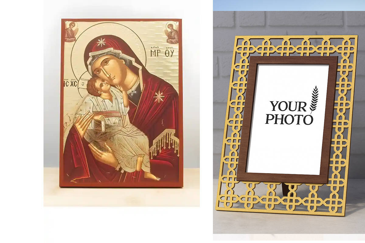 Σετ 2 τεμαχίων – Εικόνα Ορθοδοξίας Πολυτελείας  με  σχεδιο Σταυρούς μαζι με  Βάση σε  8 χρώματα με περίγραμμα χρυσό σε ξύλο Plywood (Πλακάζ)   με  βάση Παναγία Γλυκό Φιλί «Γλυκοφιλούσα» με τον Ιησού, Ξύλινη Χειροποίητη Εικόνα με Χαρακτική Ελληνική Βυζαντι