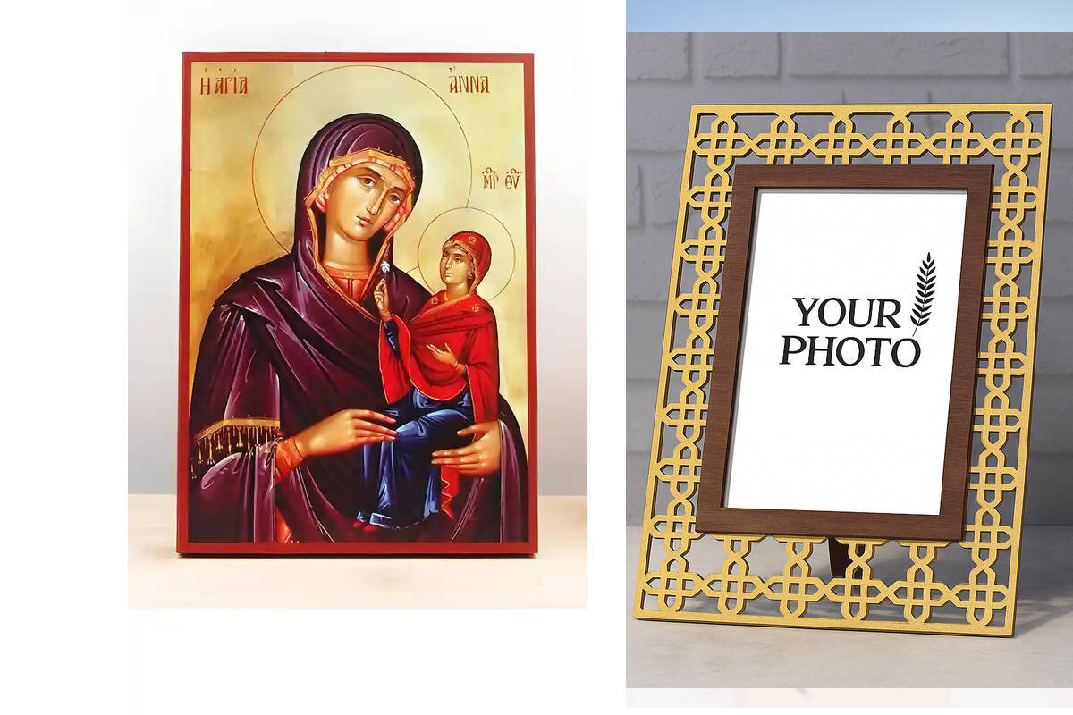 Σετ 2 τεμαχίων – Εικόνα Ορθοδοξίας Πολυτελείας  με  σχεδιο Σταυρούς μαζι με  Βάση σε  8 χρώματα με περίγραμμα χρυσό σε ξύλο Plywood (Πλακάζ)   με  βάση Αγία Άννα «Άννα» μητέρα της Παναγίας, Ξύλινη Χειροποίητη Εικόνα Ελληνικού Premium Βυζαντινού Στυλ Κρεμα